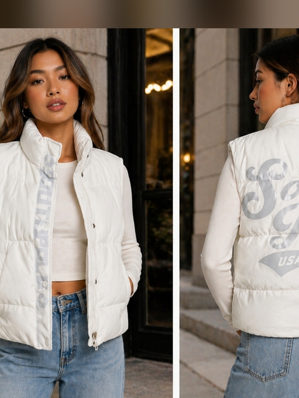 ✨ South Pole USA L White Puffer Vest – Statement Back Logo ✨